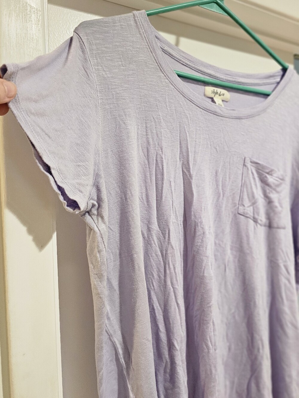 Style & Co Draped One-Pocket Scoop-Neck Tee Lavender/Lilac Fog Women's Large EUC